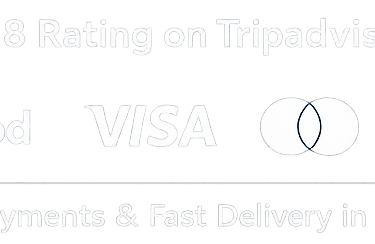 Logos for Wolt, efood, Visa, Mastercard, and Google showing secure payments and 4.8 TripAdvisor rating in Athens.