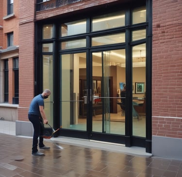 Close-up of sparkling clean windows in a Toulouse apartment building after Copronet's cleaning service.