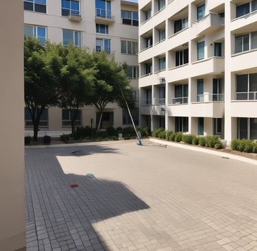 Photo of a team member from Copronet Toulouse cleaning a communal hallway floor with professional equipment.