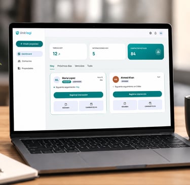 Unitlogi real estate CRM dashboard for brokers and property management.