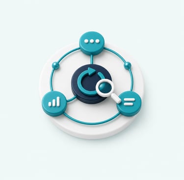 3D icon showing connected information patterns and a magnifying glass identifying a recurring operational challenge.