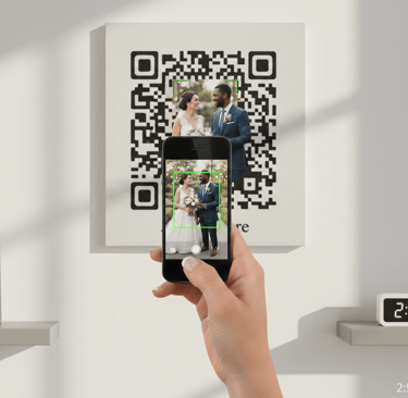 a person taking a photo of a keepsakesQR.com QR code and cell phone