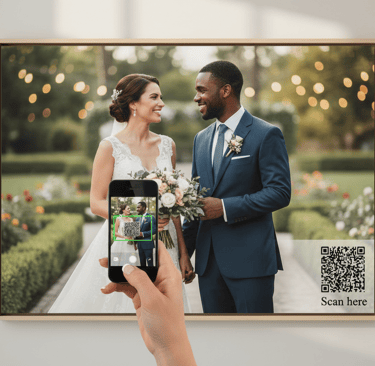 a person taking a photo of keepsakesQR.com QR code wedding photo