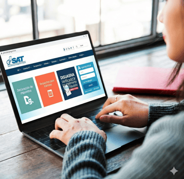 Person using a laptop to access the SAT Guatemala website portal for tax filing and online services.