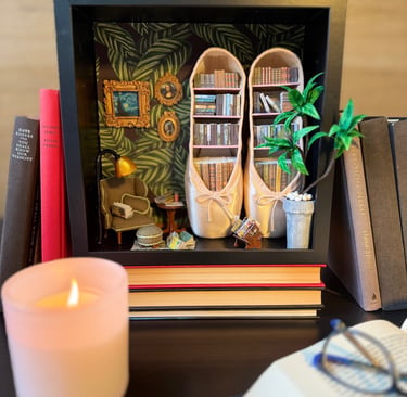 Bespoke framed pointe shoe artwork with bookshelf design