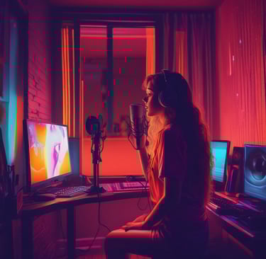 An industrial-style recording booth with black and gray tones and subtle neon purple highlights.