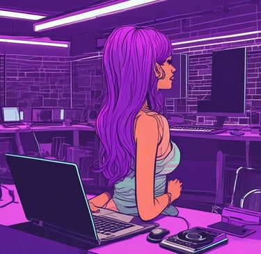 A moody, neon-lit studio space with music equipment glowing in purple and green accents.