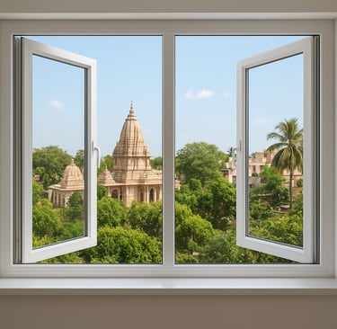 a window with a view of a building