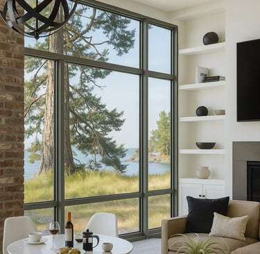 a living room with a couch and a table