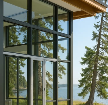 a large glass window with a view of a lake