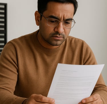 a man in a brown sweater and glasses is looking at a piece of paper