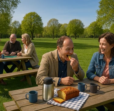 Ouders zijn gezellig met elkaar in gesprek aan tafels bij BuitenBasis