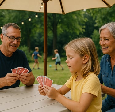 Een vader, moeder en kind spelen een kaartspel aan een tafel bij BuitenBasis in het Schoterbos