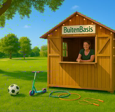 Het houten BuitenBasis huisje met buitenspeelgoed ervoor in het Schoterbos in Haarlem Noord