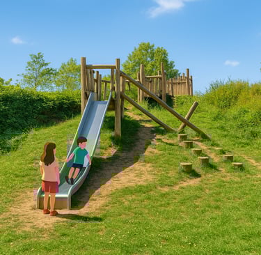 Twee kinderen op de glijbaan van het speeltuintje op de heuvel in het Schoterbos in Haarlem Noord