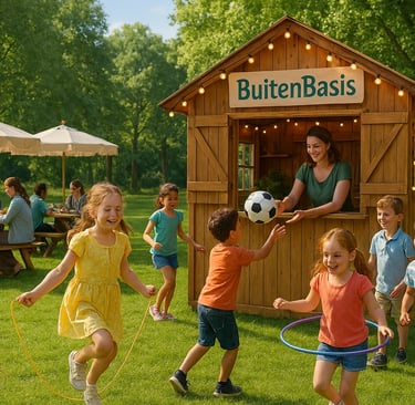 BuitenBasis houten huisje in het Schoterbos in Haarlem met spelende kinderen en hun ouders