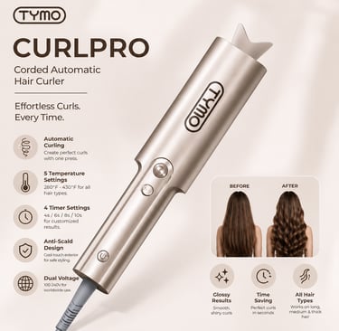 TYMO CurlPro automatic hair curler with features and before-and-after results on a beige background.