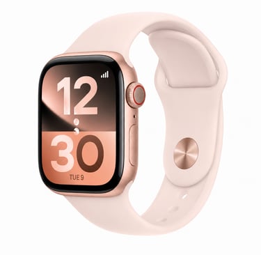 Rose gold smartwatch with a light blush sport band against a clean white background.