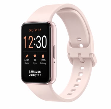Rose gold Samsung Galaxy Fit 3 smartwatch with a blush pink band with a on a black AMOLED screen.