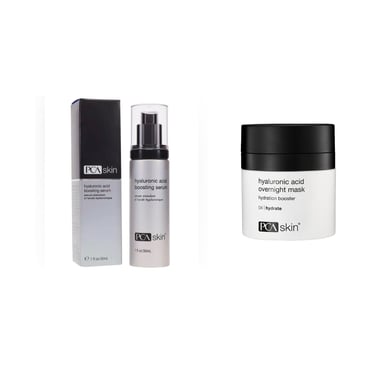 PCA Skin hyaluronic acid boosting serum with packaging and overnight mask jar on white background.