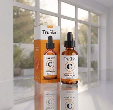 TruSkin Vitamin C Facial Serum bottles displayed on a reflective surface in soft natural light.