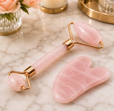 Pink quartz face roller and lymphatic drainage stone on marble counter