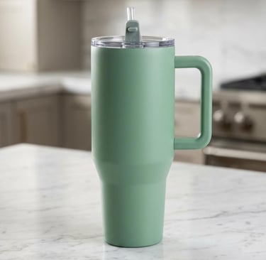 Sage green 32 oz Hydrojug traveler with handle on marble counter.