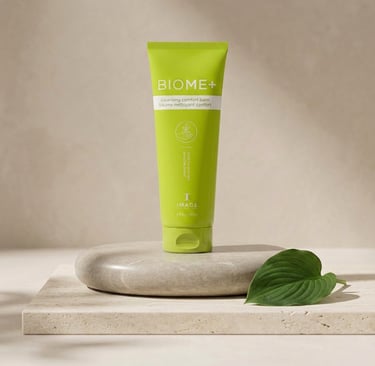 IMAGE BIOME+ Cleansing Comfort Balm on a stone pedestal with a leaf accent and neutral background.