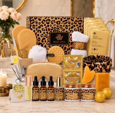 Luxury Rosa Acca leopard-print spa gift set displayed on a marble counter with skincare products