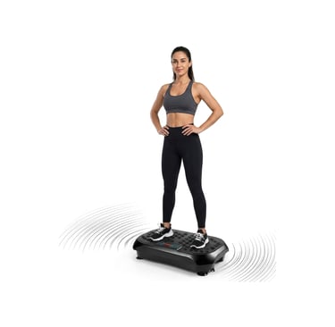 Woman standing on a vibration plate exercise machine in workout clothes.
