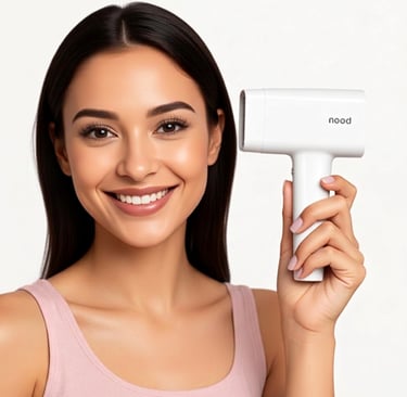 Smiling woman holding a Nood IPL hair removal device against a neutral background.