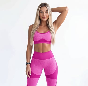 Woman modeling a hot pink seamless sports bra and high-waisted leggings set against white background