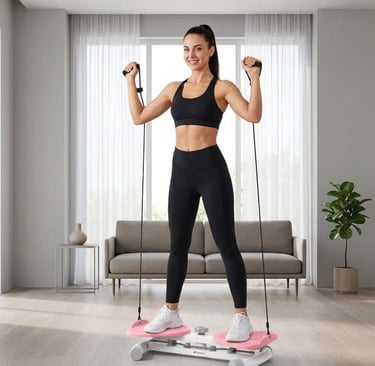 Woman exercising with resistance bands on a compact home ab-twist workout machine.