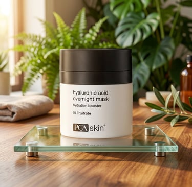 PCA Skin Hyaluronic Acid Overnight Mask jar on a glass shelf with plants and natural light