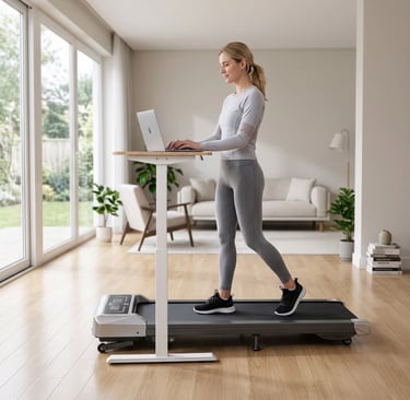 Woman walking on a treadmill while working on a laptop at a standing desk.