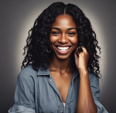 A happy woman with freshly styled hair smiling in a bright salon setting.