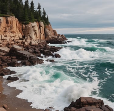A dramatic shot of crashing waves against rugged cliffs along Acadia's shore.