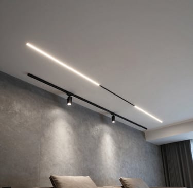 Сучасне освітлення натяжної стелі — світлові лінії та магнітний трек у вітальні, монтаж у Львові