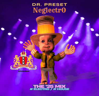 Dr. Preset Neglectro album cover featuring a cartoon character in a top hat on a purple stage with house music text.