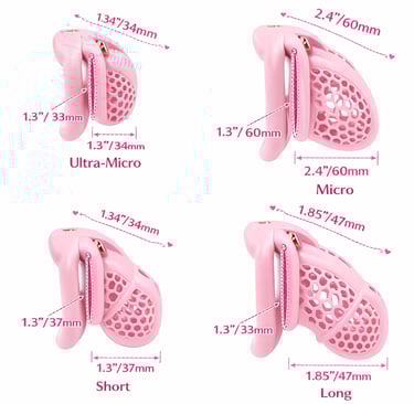 Sizing chart for pink silicone male chastity cages in ultra-micro, micro, short, and long sizes. 
