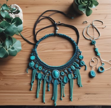 Conjunto de joyería bohemia en macramé con cuentas de turquesa, hecho a mano