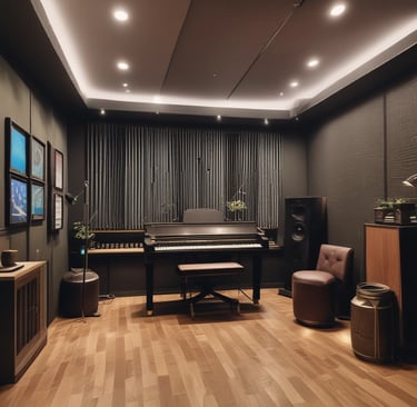 A cozy studio corner with a microphone, headphones, and warm lighting inviting connection.
