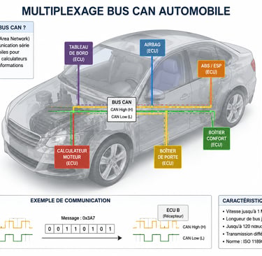 Diagram of an automobile CAN bus multiplexing system showing ECU connections and signal structures.