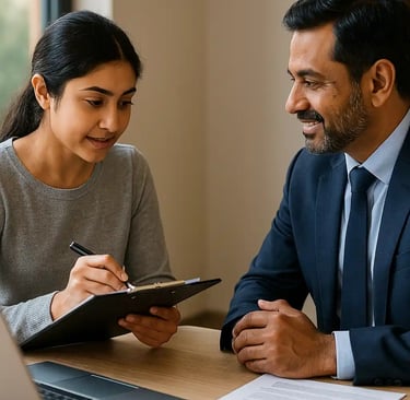 Loan consultant discussing bank loan options with a client during a one-on-one meeting in a Chennai