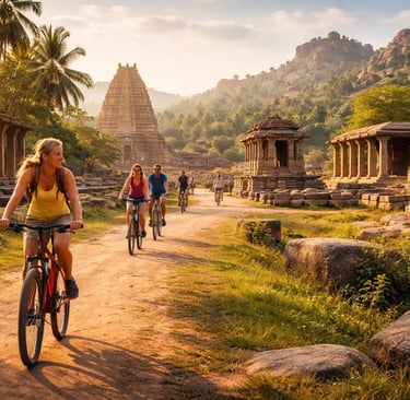 Cycling through Hampi's ancient ruins