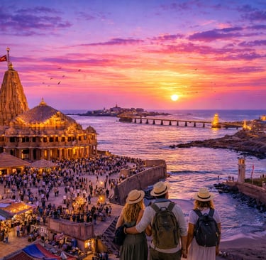 Dwarka sunset with temple and bridge