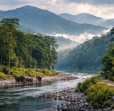 Elephants by river in Dooars