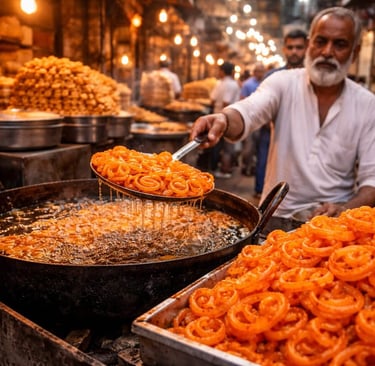 Frying fresh Jalebi and snacks in Old Delhi