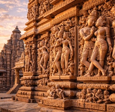 Khajuraho UNESCO heritage site - stone sculptured walls