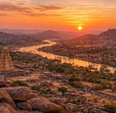 Sunset over Hampi's ancient ruins